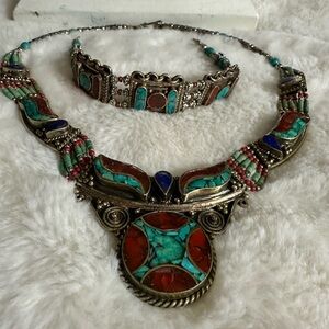 Turquoise & Coral Inlay Statement Necklace with Matching Bracelet